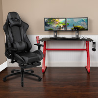 Flash Furniture BLN-X30RSG1030-GY-GG Red Gaming Desk with Cup Holder/Headphone Hook & Gray Reclining Gaming Chair with Footrest